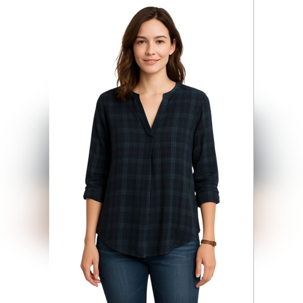 CP Shades Plaid Vneck High Low Top Blue Green 100% cotton